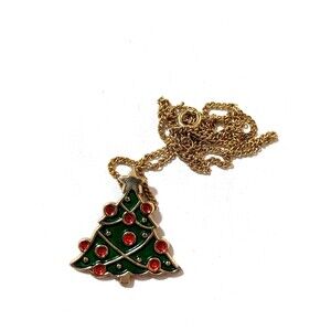 Gold tone 18" holiday Christmas tree enamel pendant necklace